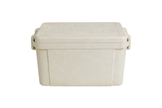 Sturdy beige plastic cooler box with a closed lid, designed for outdoor use, isolated on a clean white background