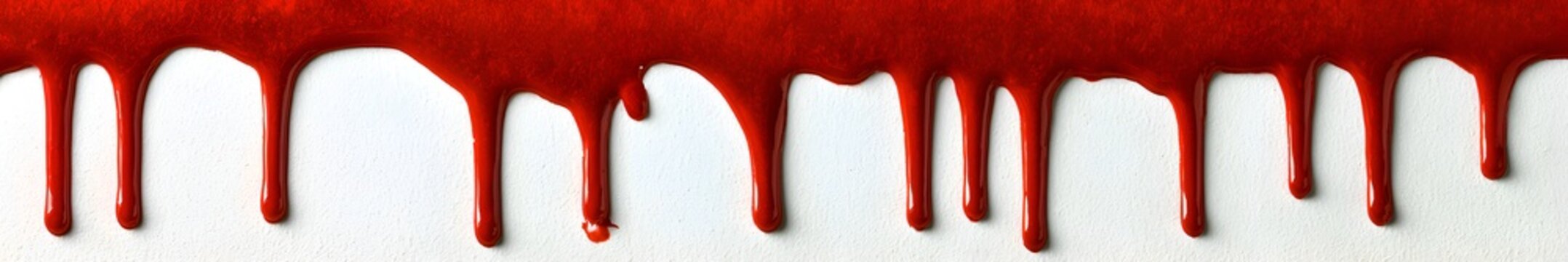 Red liquid dripping down a white surface, abstract background with copy space