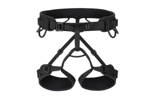 Black professional climbing harness with adjustable straps and metal buckles, photographed on a clean white background with soft studio lighting