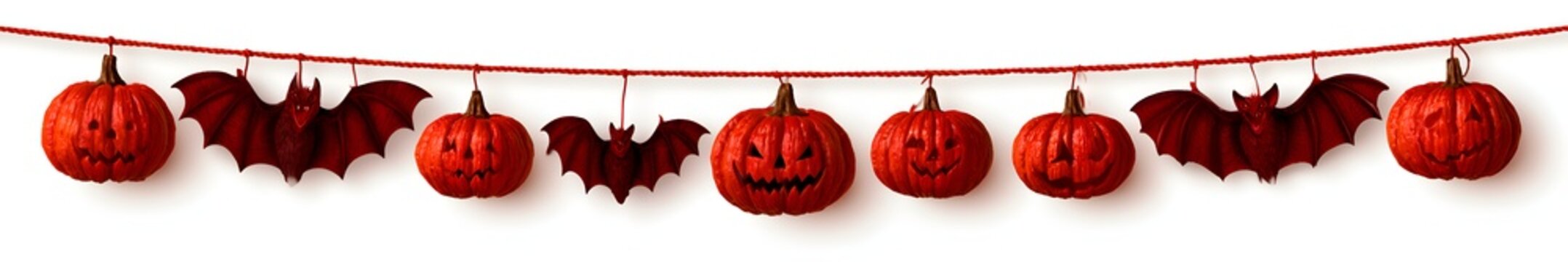 Halloween garland with carved pumpkins and bats hanging on a red string