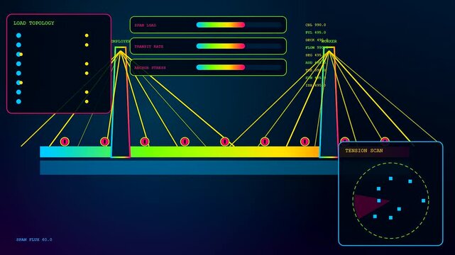 A wage stream monitor displays dynamic cable bridge stress levels in three consecutive panels featuring digital data flow metrics and oscillating structural tension scan circular radar gauges