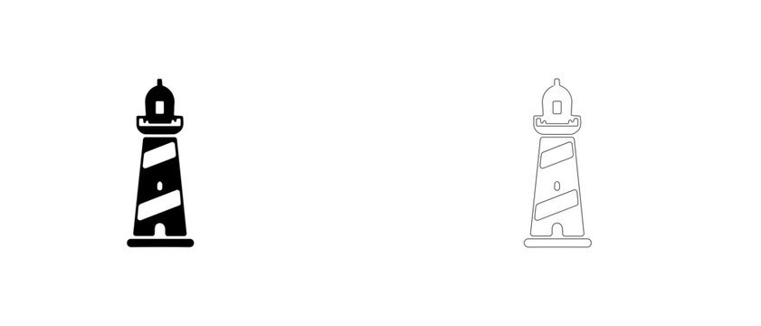 Coastal lighthouse tower vector icon filled and outline, maritime navigation beacon symbol.