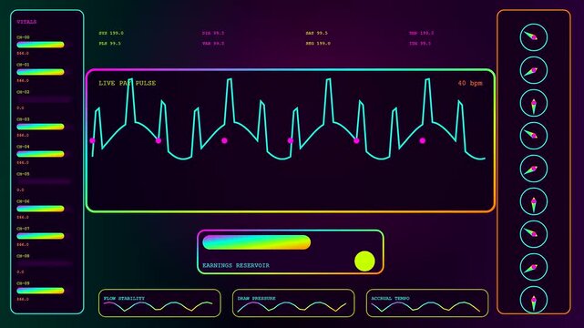 a wage stream digital interface displays pulsating neon heartbeat waveforms across a dark dashboard screen showing real time financial performance metrics for modern electronic monitoring systems