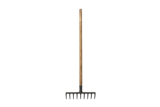 Single vintage garden rake with a wooden handle and metal tines stands upright on a clean white background