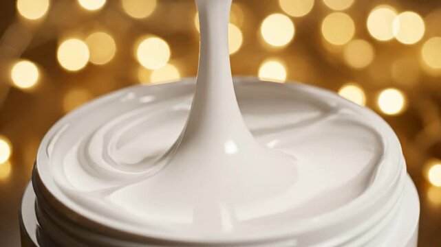 Finger scooping thick white cosmetic cream from jar against warm glowing bokeh lights background, skincare product
