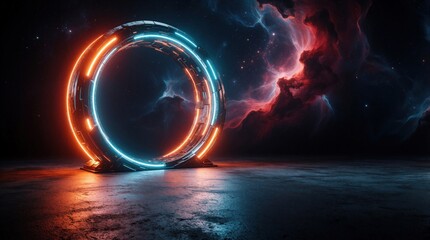 Fototapeta premium Futuristic neon ring portal glows on dark concrete floor. Sci-fi circular stage stands against colorful nebula space background. Bright orange, blue light creates cosmic atmosphere. Empty digital