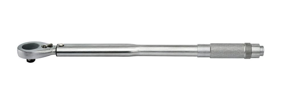 Shiny silver metallic torque wrench tool with a textured handle is horizontally positioned on a clean white background
