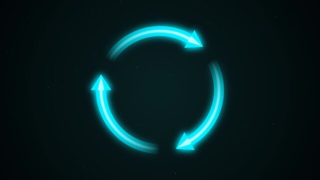 A seamless loop animation featuring glowing cyan neon circular arrows rotating continuously on a dark background. This tech-inspired cycle represents synchronization, recycling, refresh, and continuou
