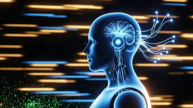 Artificial intelligence robot head with glowing brain and neural network connections in motion against digital cyber background