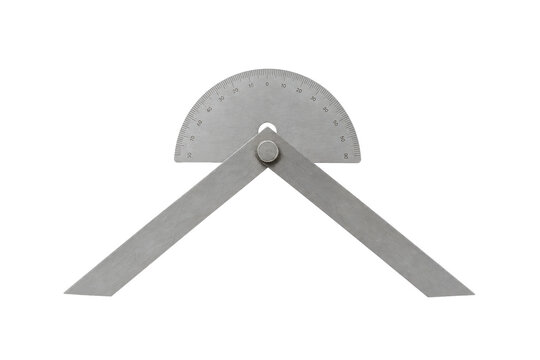 Shiny silver metal protractor with two adjustable arms is displayed against a clean white background