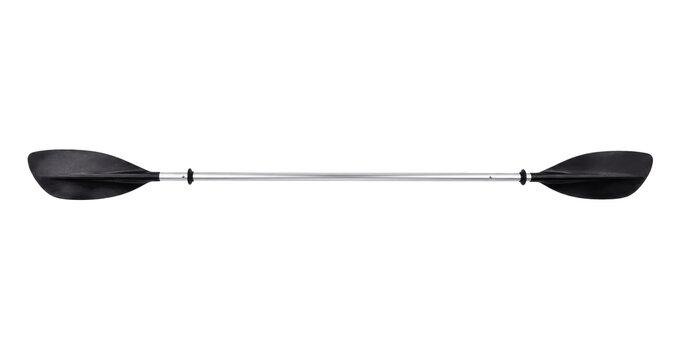 Black and silver kayak paddle with two blades is horizontally positioned against a clean white background