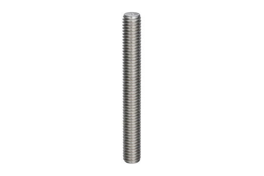 Single shiny metallic threaded rod stands vertically on a clean white background, showcasing its detailed texture and reflective surface