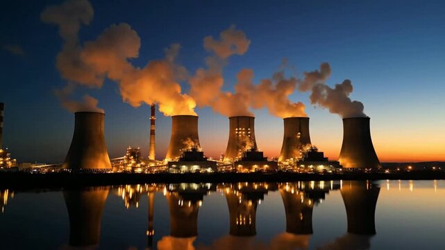Industrial power plant cooling towers at sunset with glowing steam emissions and water reflection landscape