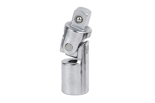Shiny chrome universal joint socket adapter, a versatile hand tool for mechanics, stands upright against a clean white background