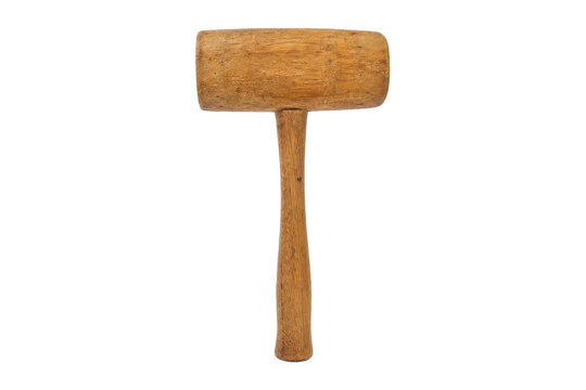 Single old wooden mallet with a rectangular head and a tapered handle, isolated on a clean white background