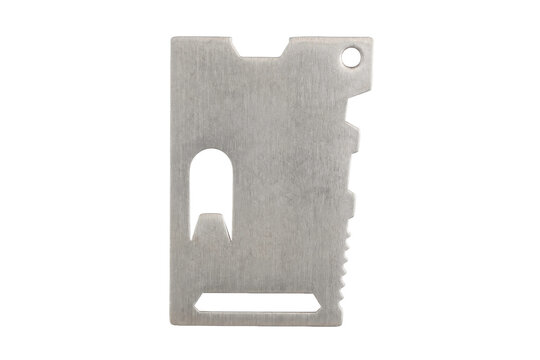 Versatile silver stainless steel credit card multi-tool, featuring various functions and a brushed metal texture, isolated on a clean white background