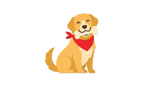 Cute cartoon golden retriever dog sitting and holding bone with red bandana isolated