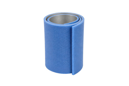 Single blue rolled-up foam sheet with a metallic core is captured in a studio shot on a clean white background