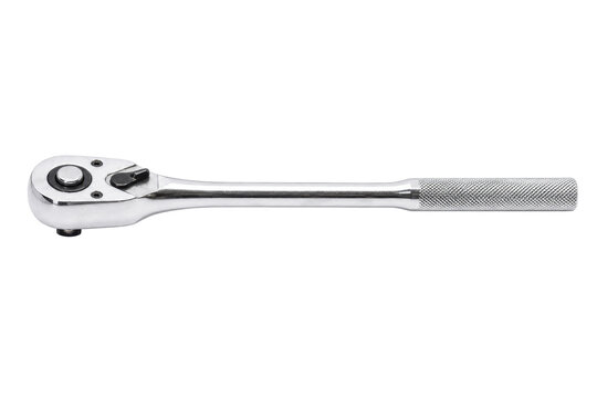 Shiny chrome metal ratchet wrench with a textured handle is positioned horizontally on a clean white background