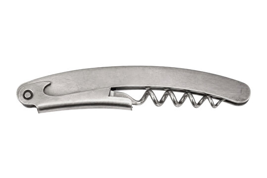 Shiny metallic corkscrew with a bottle opener is isolated on a clean white background, viewed from a high angle
