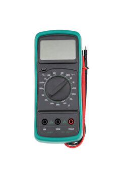 Green and black digital multimeter with test leads attached, captured from a high angle on a clean white background