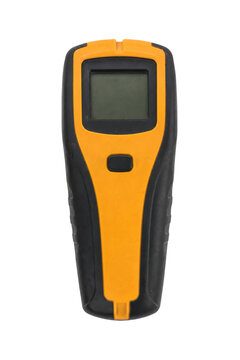 Modern orange and black stud finder with a digital screen and single button, isolated on a clean white background