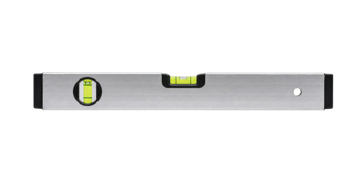 Silver metallic spirit level with two green bubble vials is precisely centered on a clean white background