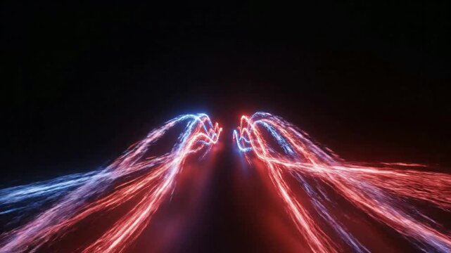 Red and blue neon light streaks moving fast in dark space, glowing particle trails and dynamic cyberpunk energy background motion