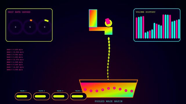 A fluid wage stream flows continuously into a digital collection basin while glowing circular interface modules display live numeric patterns across a dark neon background