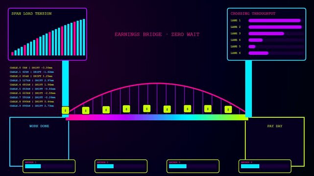 Animated wage stream data interface displays flickering neon bridge structures with glowing bar charts and oscillating frequency metrics for tracking digital financial income flow in real time