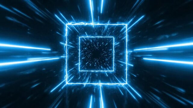 Futuristic blue neon light square tunnel speed warp animation background, for tech events, and sci-fi visuals