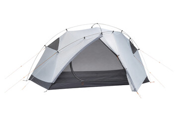 Modern gray and white lightweight camping tent with its door open is set up on a clean white background © Chinases