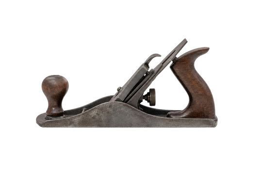 Vintage metal woodworking hand plane with dark wooden handles, showcasing its aged texture and craftsmanship on a clean white background