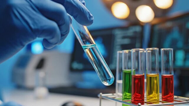 Scientist in blue gloves holding test tube with blue liquid in modern medical laboratory research facility