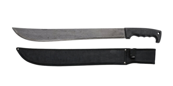 Large, sharp, steel machete with a black handle and a matching black sheath, isolated on a clean white background