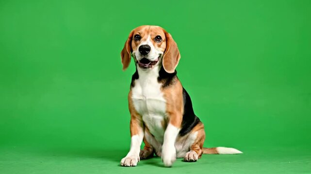 Cute beagle dog sitting and waving paw on green screen chroma key background, for pet advertising puppy