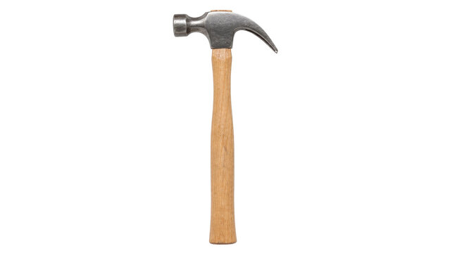 Classic carpenter's claw hammer with a wooden handle and metal head, isolated on a clean white background