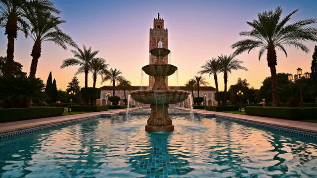 Sunset view of koutoubia mosque and gardens in marrakech, morocco with flowing fountain minaret islamic architecture