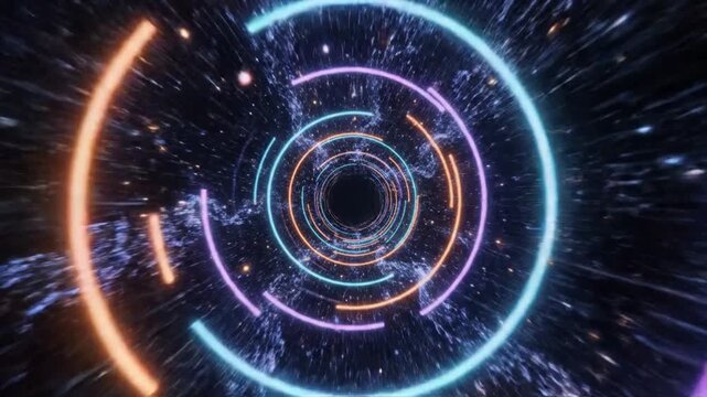 High-speed neon ring tunnel flight in cyber space, futuristic sci-fi warp drive animation background