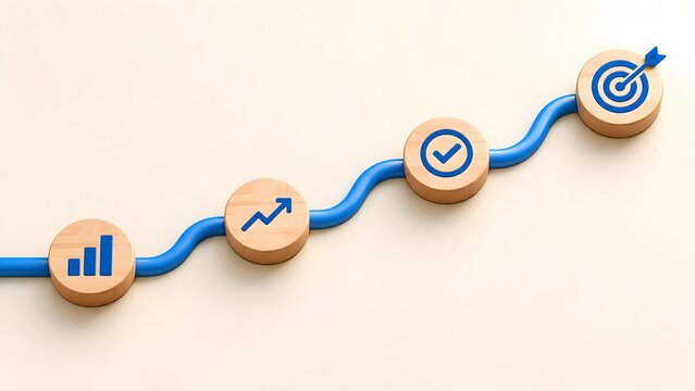 Winding blue roadmap path connecting wooden milestones with financial charts and checkmarks leading to a final business target