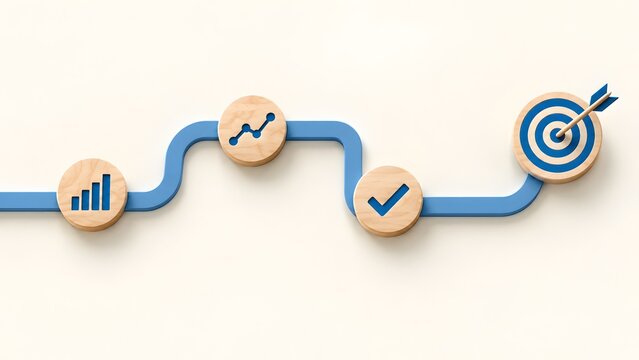 Continuous blue timeline path with wooden milestones displaying growth charts and task checkmarks leading to a success target