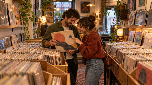 Happy young couple looking at vinyl records together while shopping in a vintage music store
