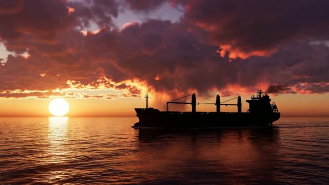 Cargo ship silhouetted against dramatic sunset sky and ocean horizon with glowing sun and clouds container ship