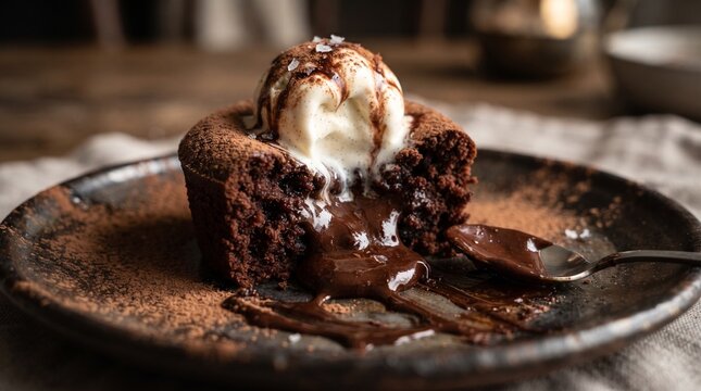 Molten Chocolate Lava Cake Slice with Flowing Warm Center and Vanilla Ice Cream, Decadent Dessert Close Up