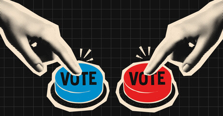 Obraz na płótnie Canvas Democrats versus Republicans election illustration, hands pressing blue and red vote buttons retro halftone style American election design