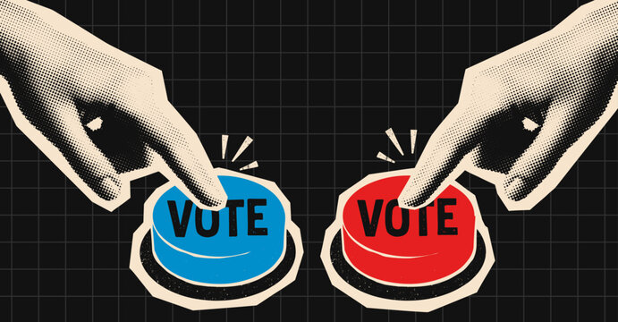 Democrats versus Republicans election illustration, hands pressing blue and red vote buttons retro halftone style American election design