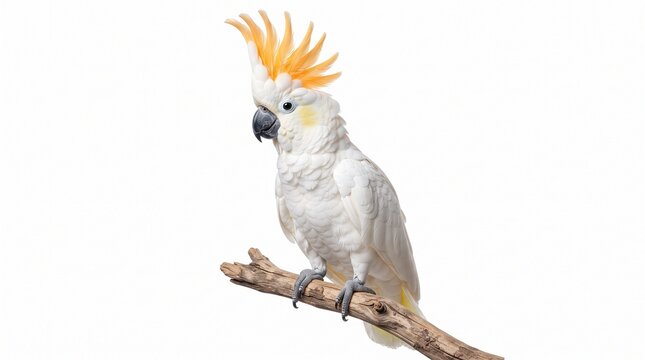 A white cockatoo with a yellow crest perched on a branch