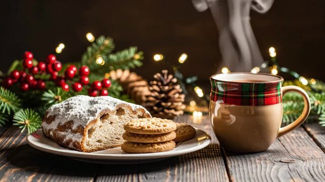 Cozy christmas morning scene with steaming hot drink, traditional stollen cake, cookies, pinecones, and festive fairy lights background