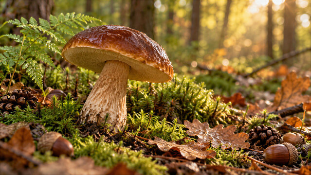 Edible porcini mushroom (Boletus edulis) growing on green moss in an autumn forest with fallen leaves, acorns and pine cones at sunset