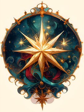 Ornate golden starburst compass rose with celestial background and swirling patterns
